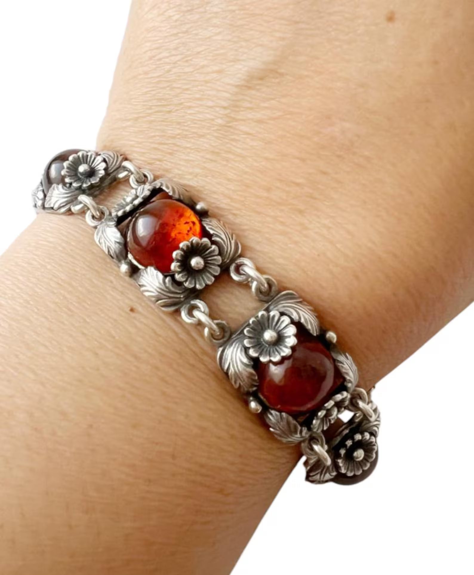 Vintage Baltic Amber Bracelet, Daisy Design, Sterling Silver, Danish Modernist, Niels Erik From