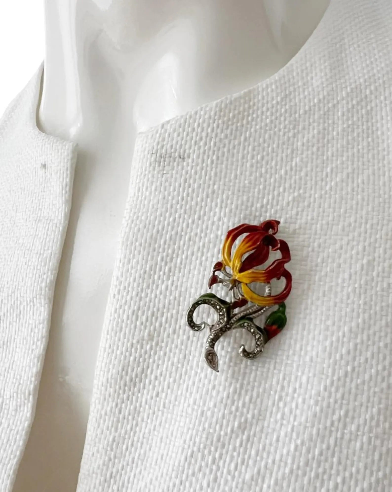 Vintage Enamel and Marcasite Flower Brooch, Red and Yellow Lily