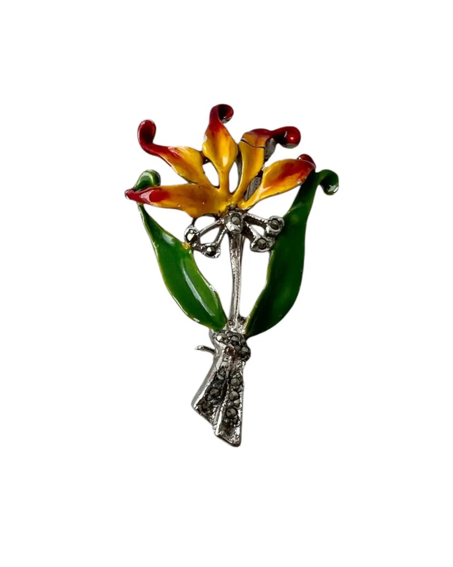 Vintage Enamel and Marcasite Lily Flower Brooch