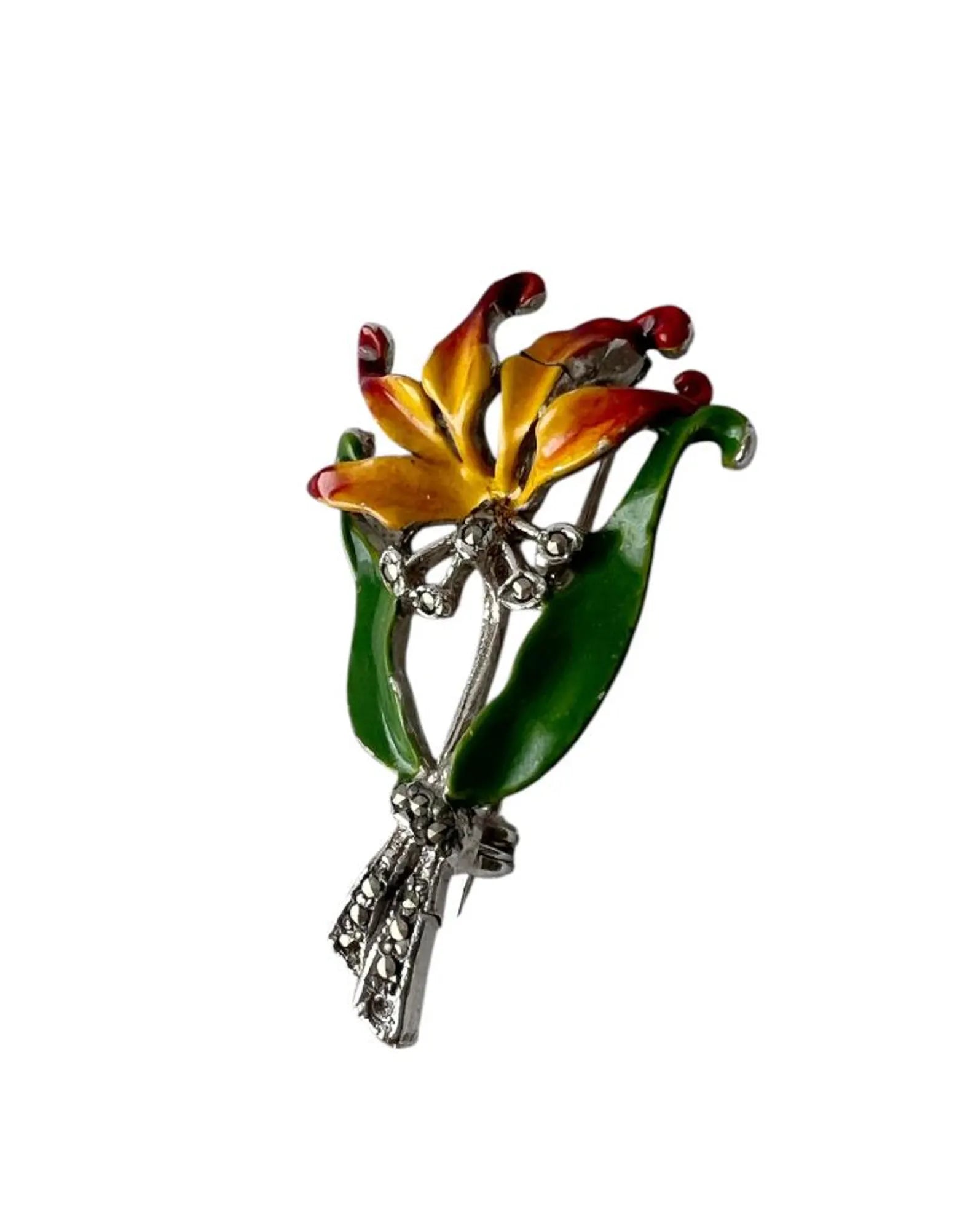Vintage Enamel and Marcasite Lily Flower Brooch