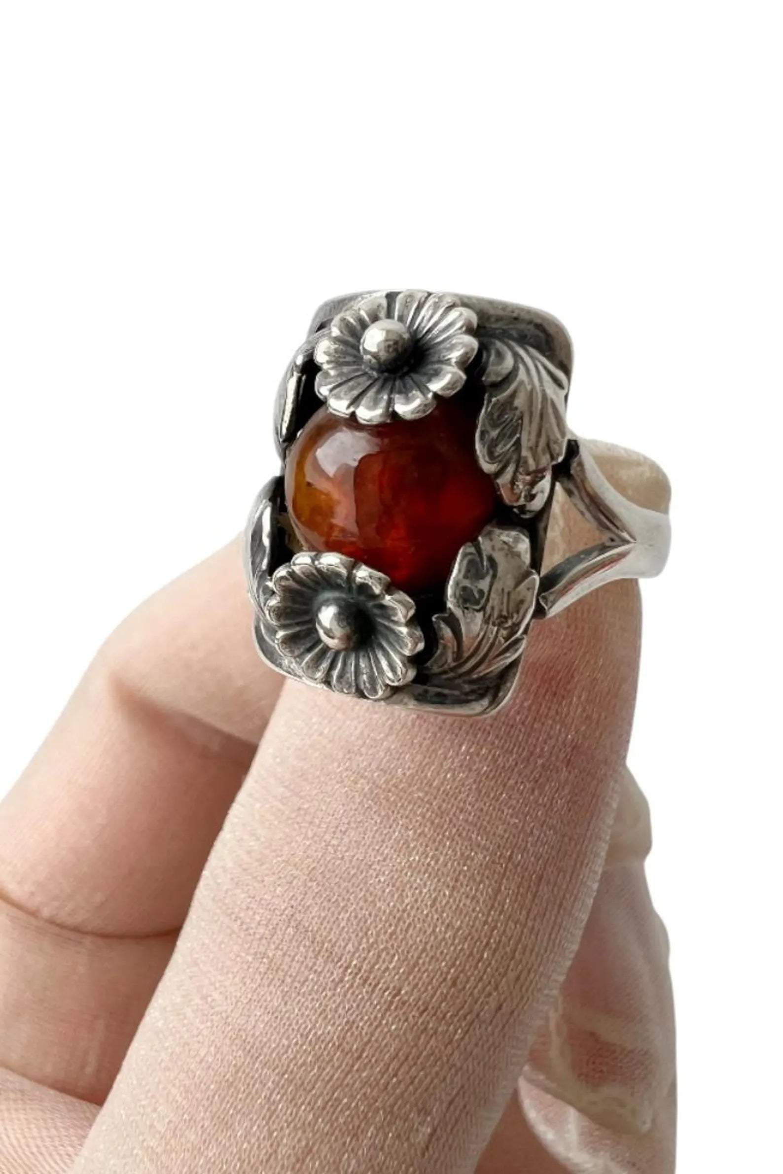 Vintage Baltic Amber Ring, Daisy Design, Sterling Silver, Danish Modernist, Niels Erik From. UK size: P 1/2