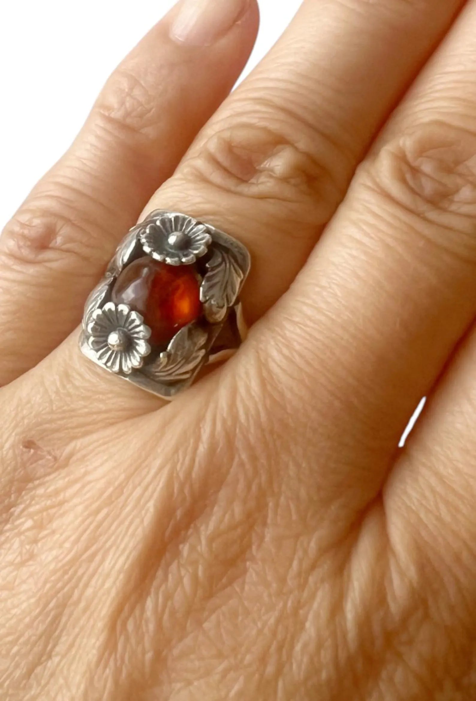 Vintage Baltic Amber Ring, Daisy Design, Sterling Silver, Danish Modernist, Niels Erik From. UK size: P 1/2