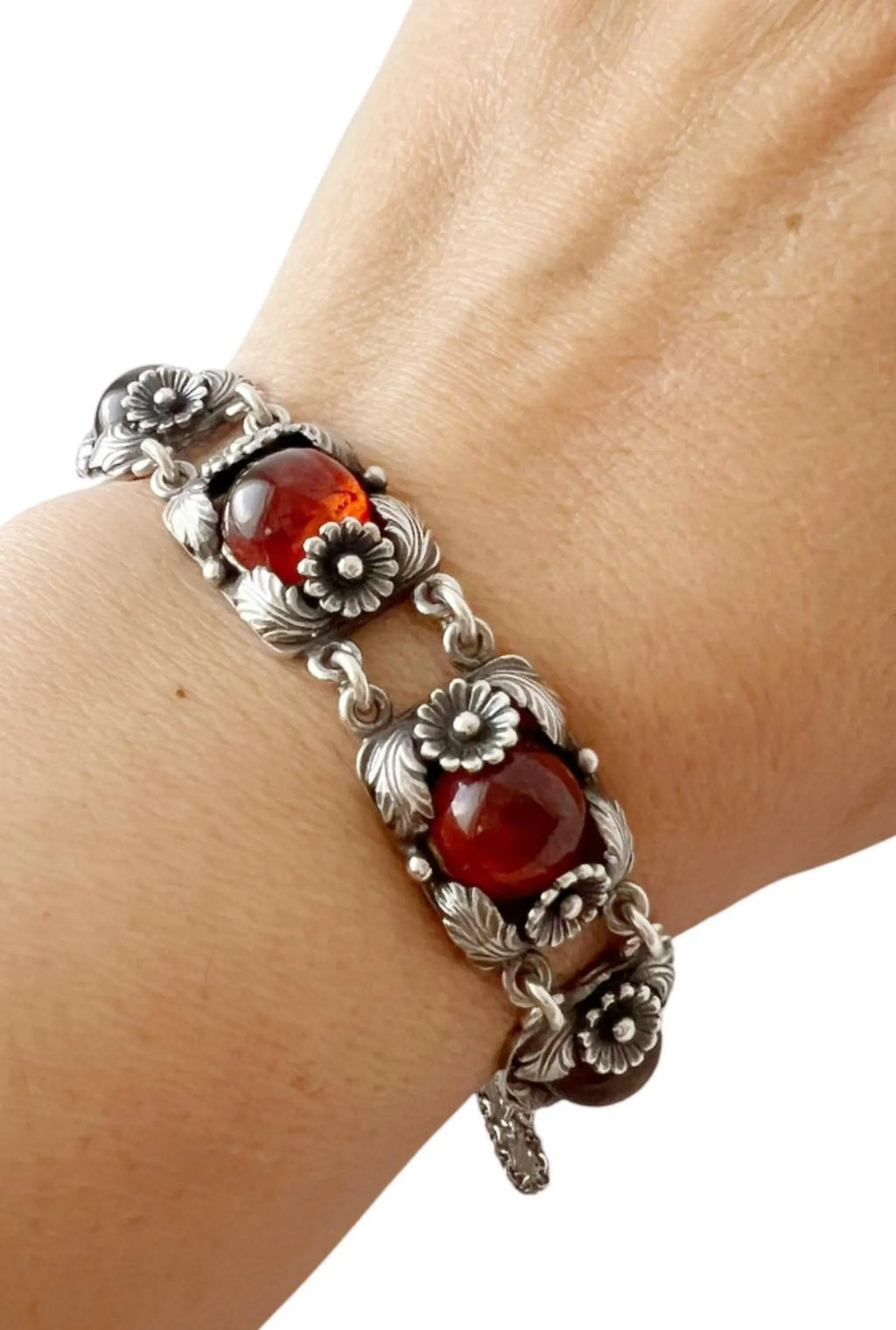 Vintage Baltic Amber Bracelet, Daisy Design, Sterling Silver, Danish Modernist, Niels Erik From