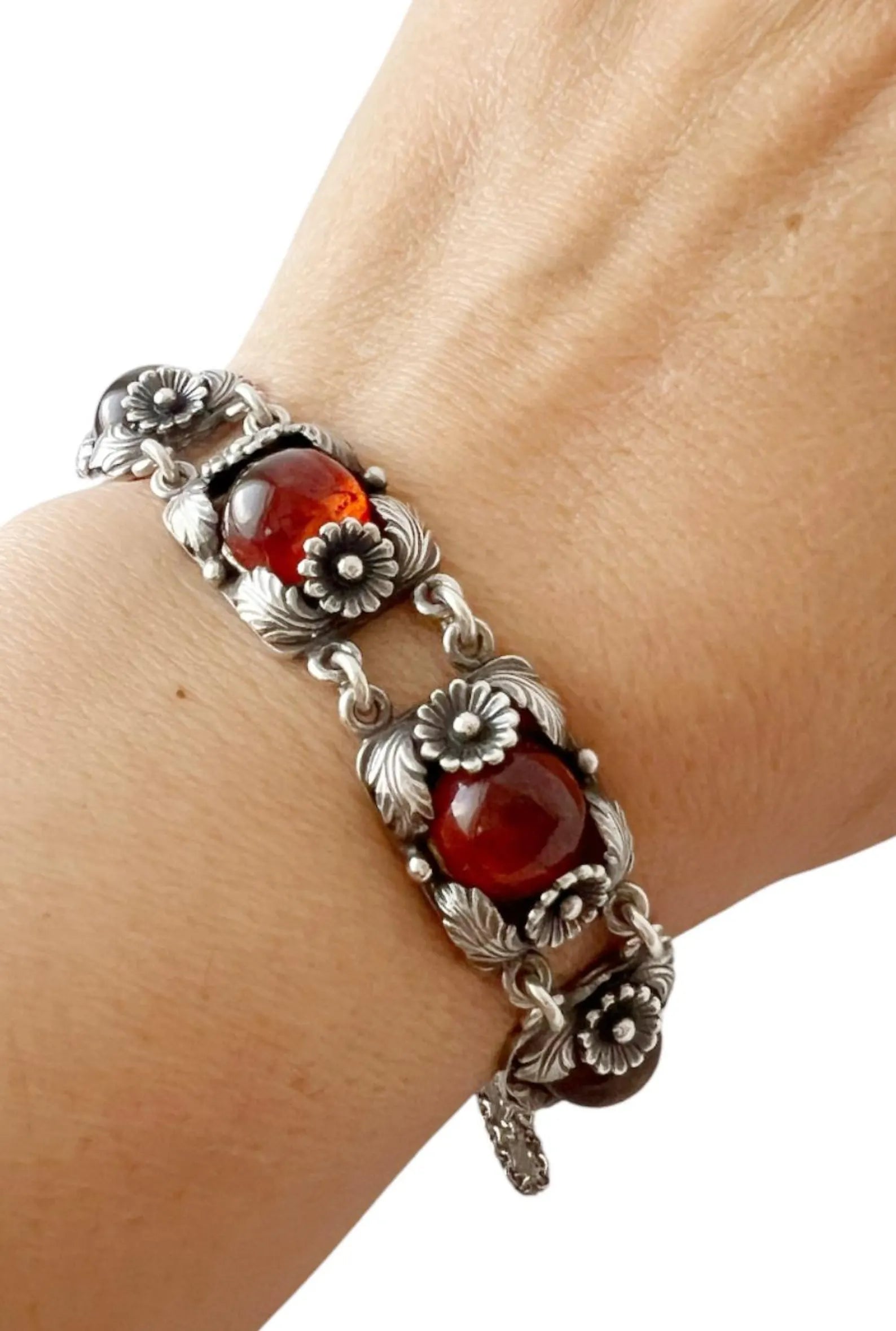 Vintage Baltic Amber Bracelet, Daisy Design, Sterling Silver, Danish Modernist, Niels Erik From