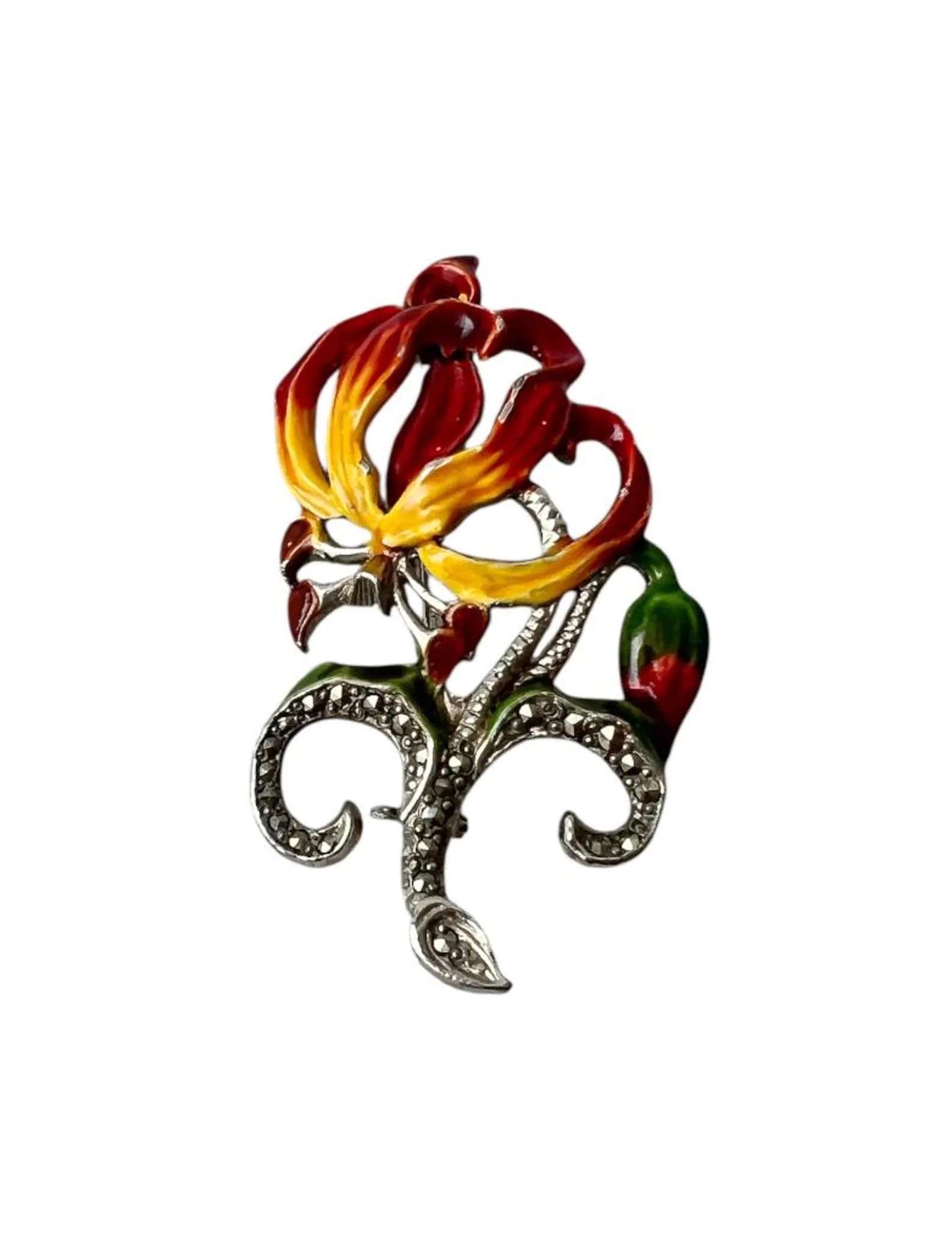 Vintage Enamel and Marcasite Flower Brooch, Red and Yellow Lily