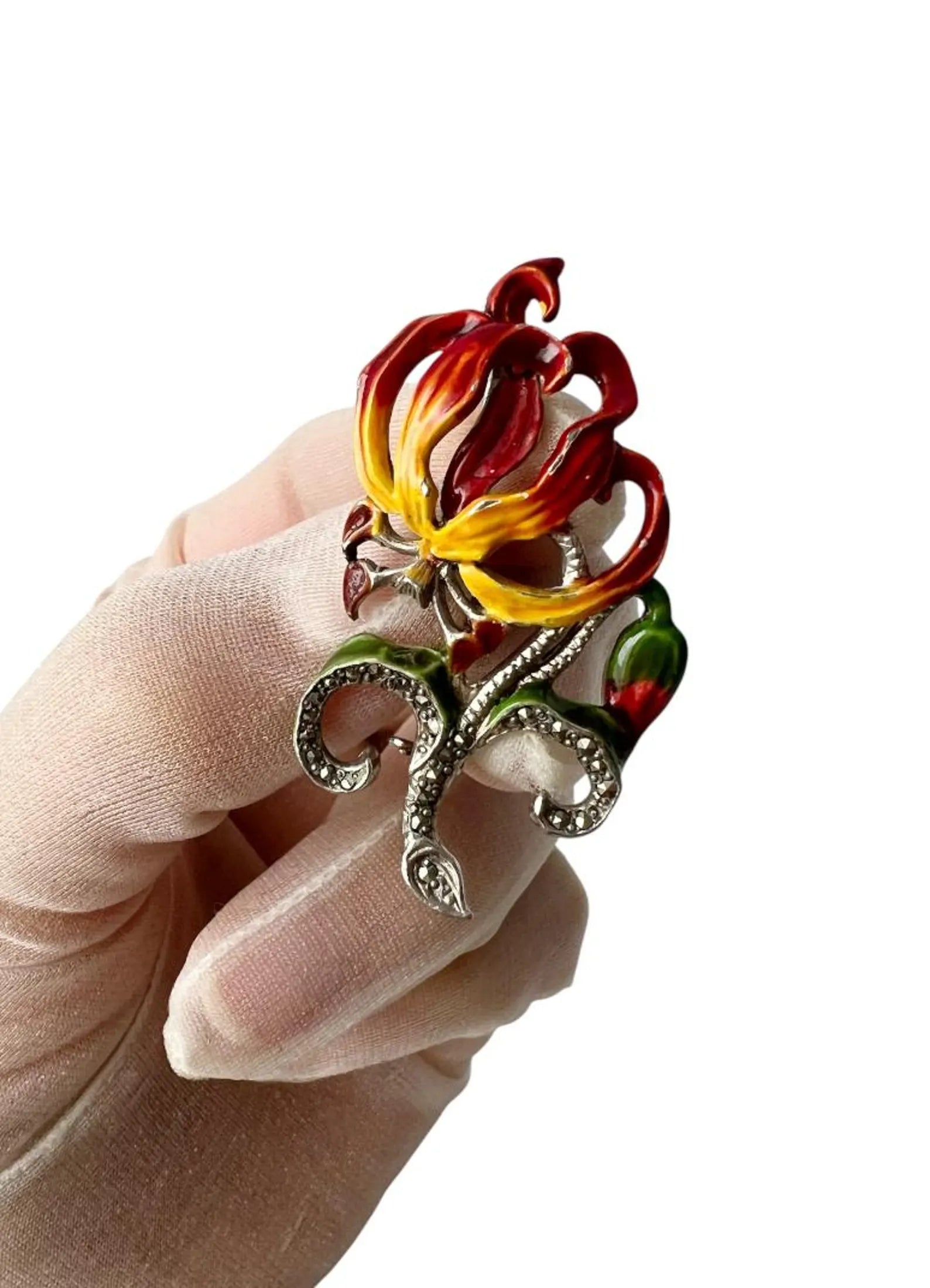 Vintage Enamel and Marcasite Flower Brooch, Red and Yellow Lily