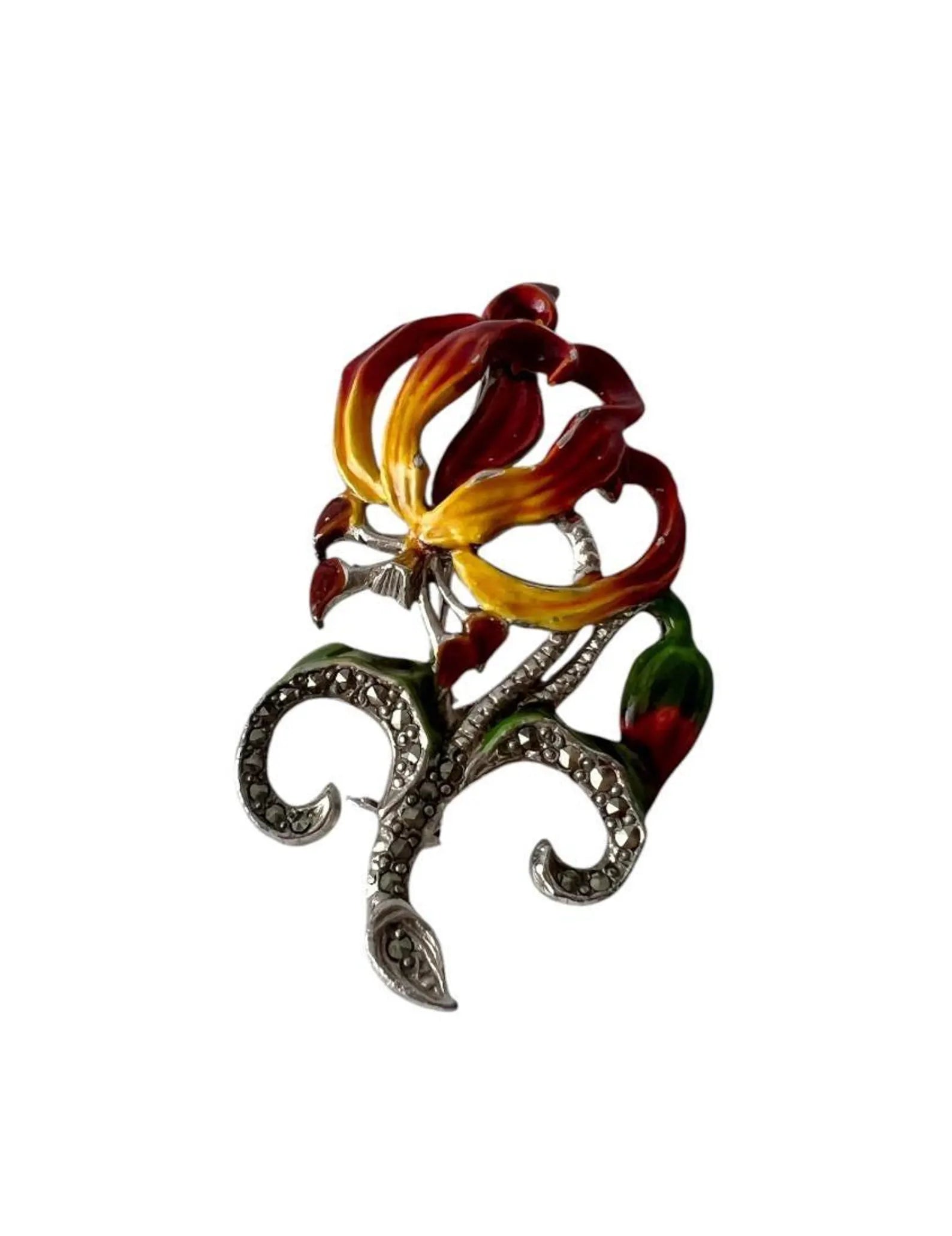 Vintage Enamel and Marcasite Flower Brooch, Red and Yellow Lily