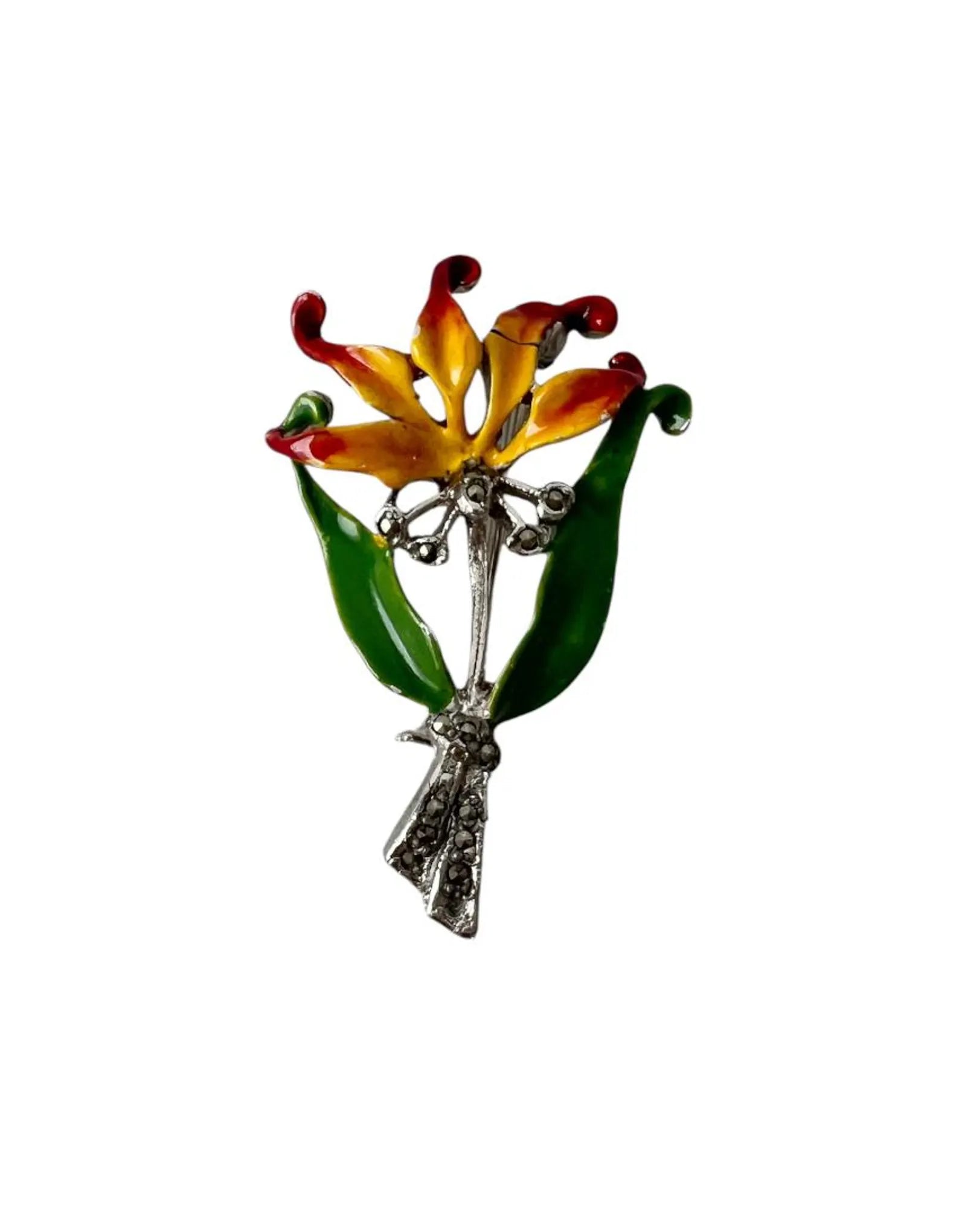 Vintage Enamel and Marcasite Lily Flower Brooch