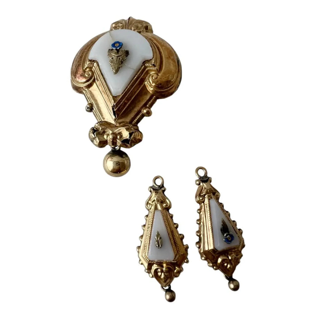 Biedermeier Gold Brooch with Matching Drops – Foam Gold & White Panel, Forget-Me-Not, c.1835–1850
