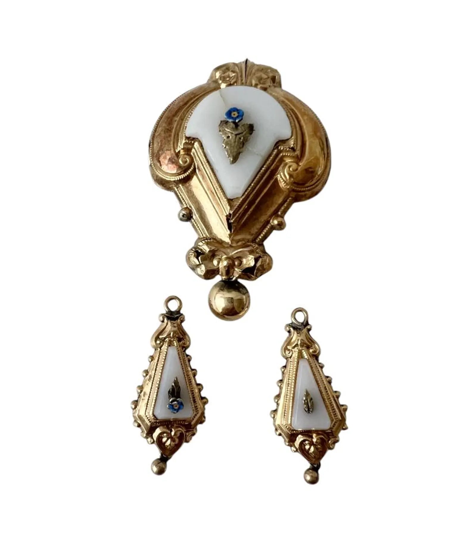 Biedermeier Gold Brooch with Matching Drops – Foam Gold & White Panel, Forget-Me-Not, c.1835–1850