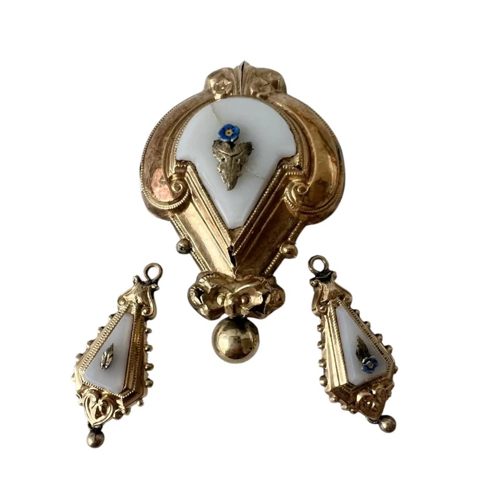 Biedermeier Gold Brooch with Matching Drops – Foam Gold & White Panel, Forget-Me-Not, c.1835–1850
