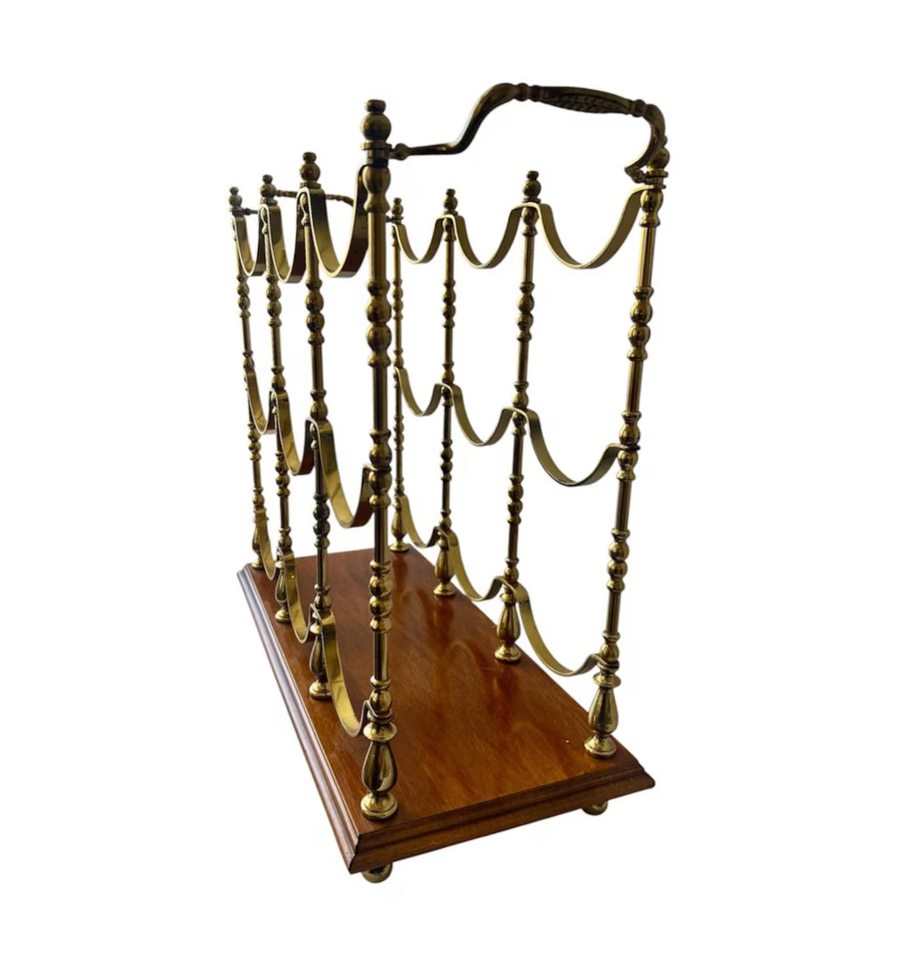 Hollywood Regency Brass & Wood Wine Rack.