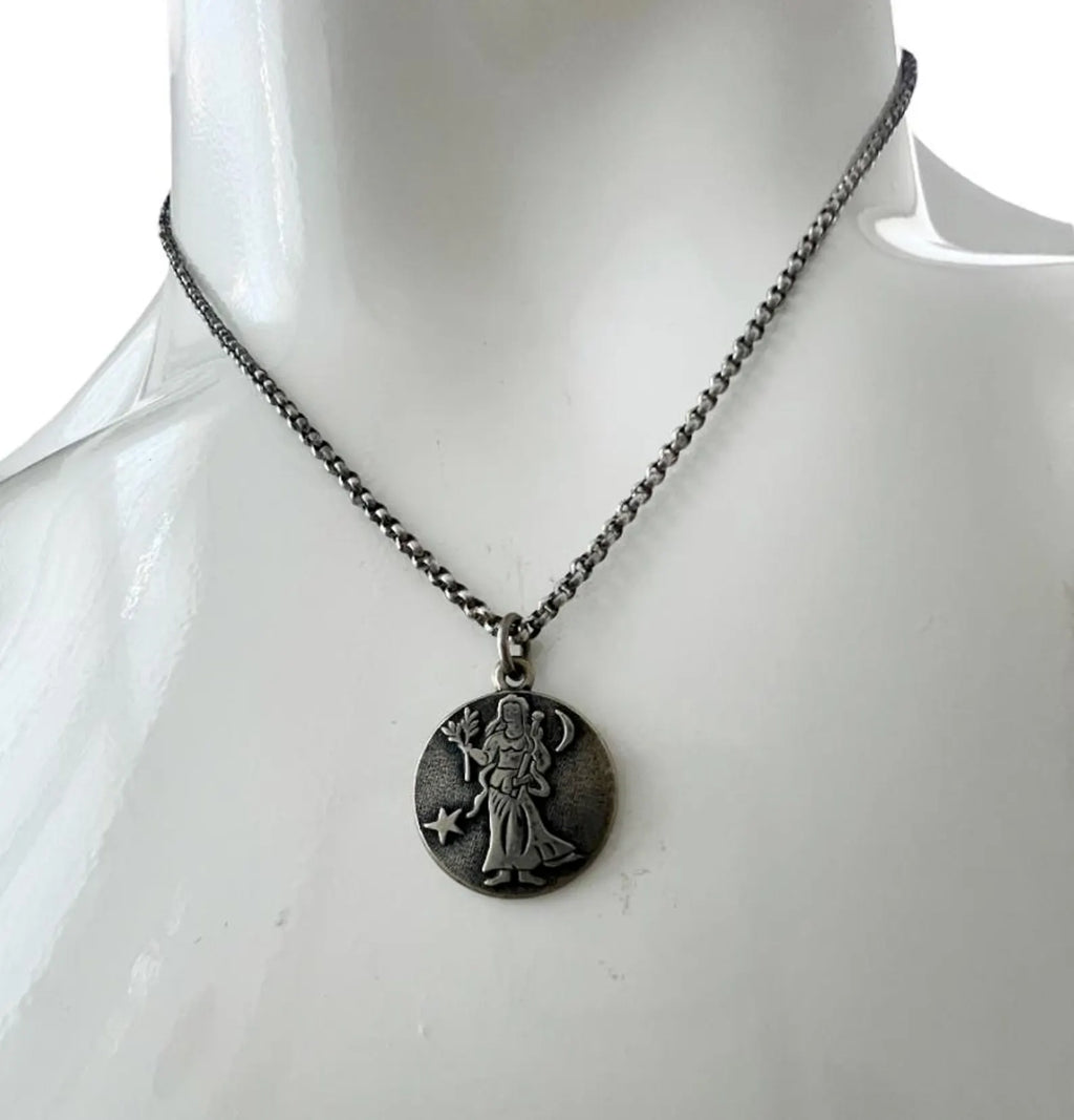 Antique Silver Virgo Zodiac Pendant Necklace - Austro-Hungarian Diana Hallmark