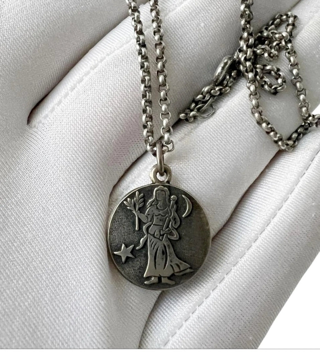 Antique Silver Virgo Zodiac Pendant Necklace - Austro-Hungarian Diana Hallmark
