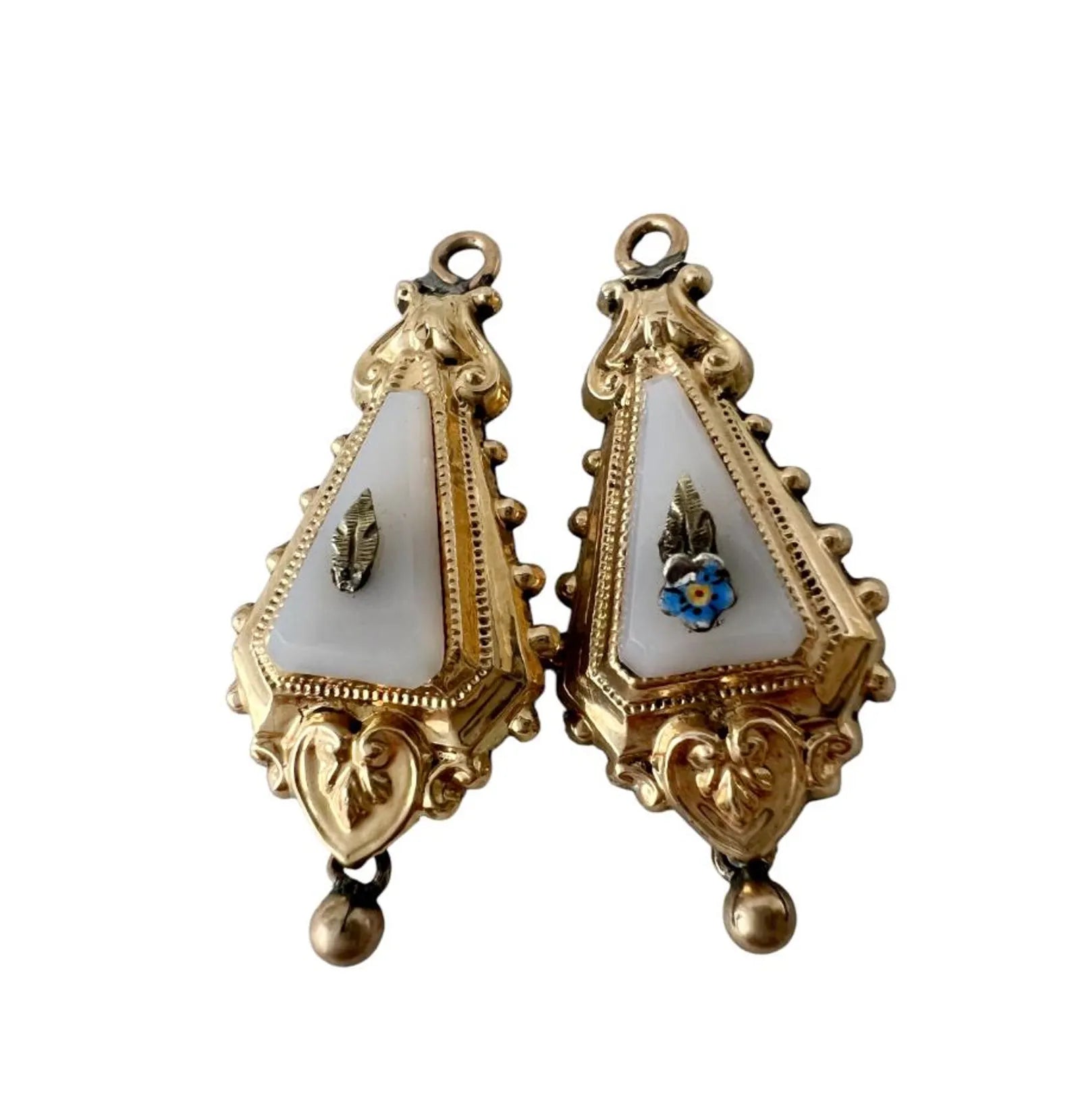 Biedermeier Gold Brooch with Matching Drops – Foam Gold & White Panel, Forget-Me-Not, c.1835–1850