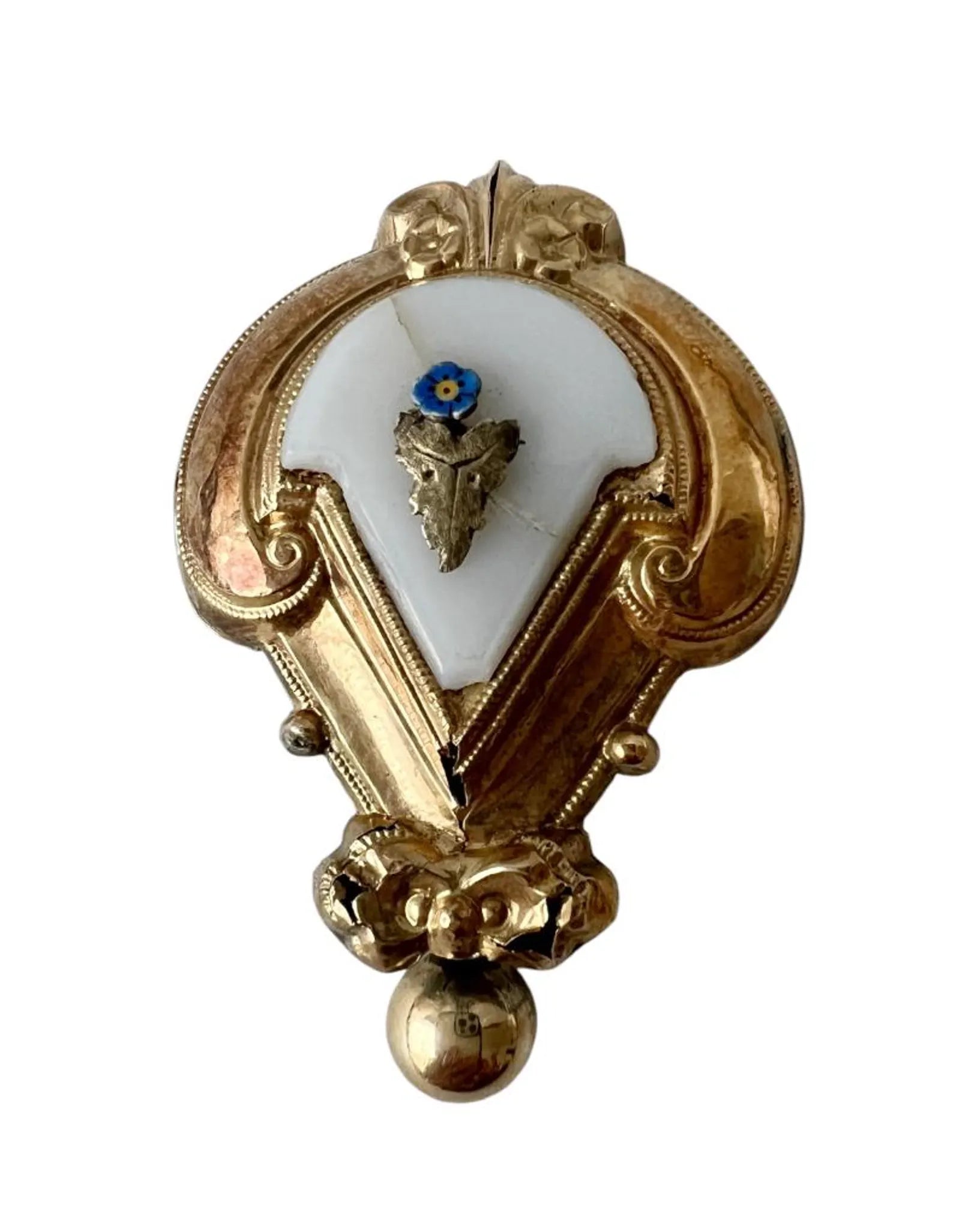 Biedermeier Gold Brooch with Matching Drops – Foam Gold & White Panel, Forget-Me-Not, c.1835–1850