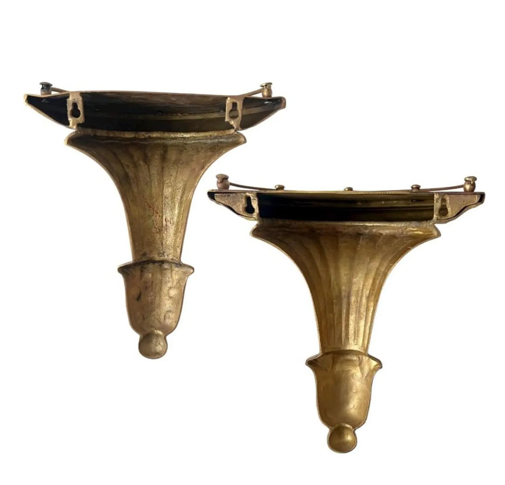 Vintage  Brass Wall Consoles in Hollywood Regency Style.  Set of Two Wall Shelves.