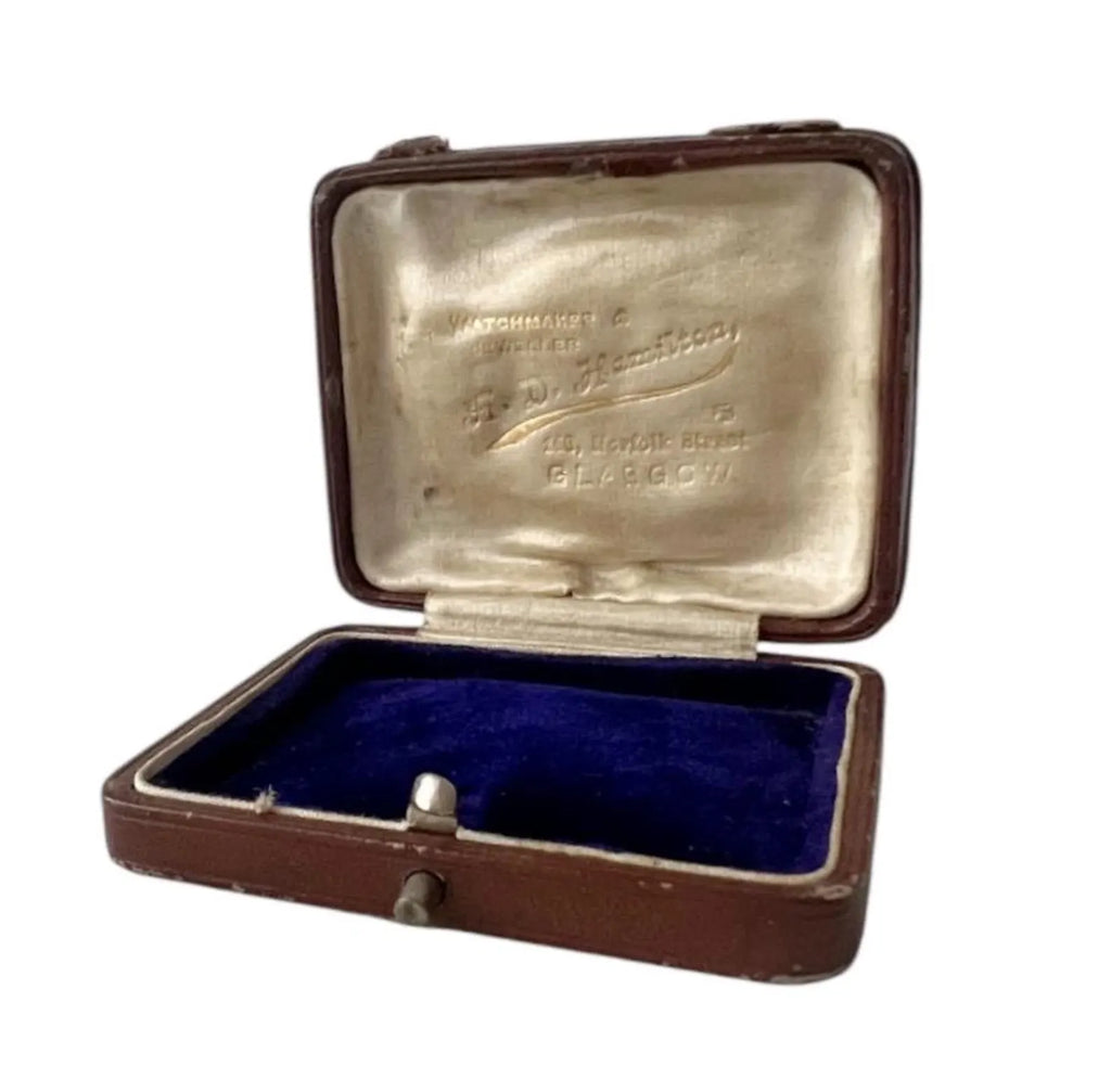 Antique Scottish Jewellery Box Glasgow Leather Jeweller Presentation Case Blue Velvet Interior