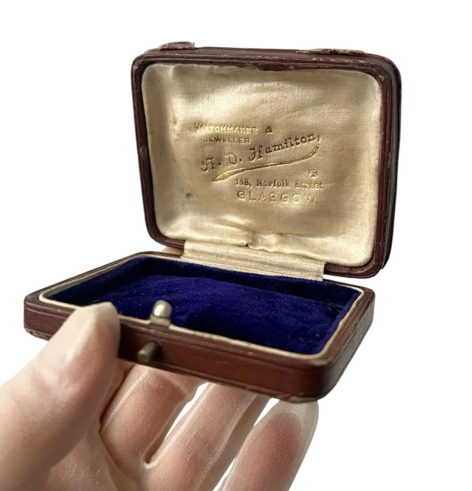 Antique Scottish Jewellery Box Glasgow Leather Jeweller Presentation Case Blue Velvet Interior