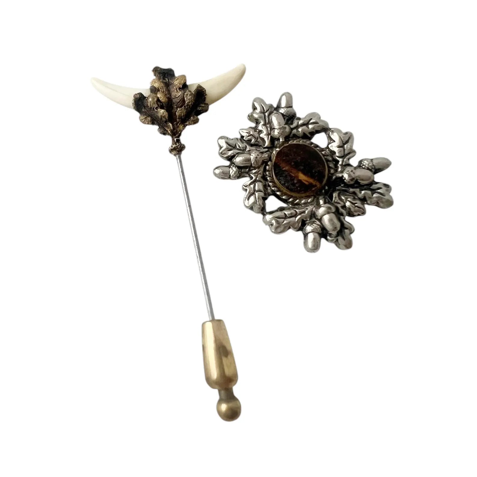 Vintage Charivari Stick Pin and Brooch Set. Alpine Horn Motif & Oak Leaf Jewellery