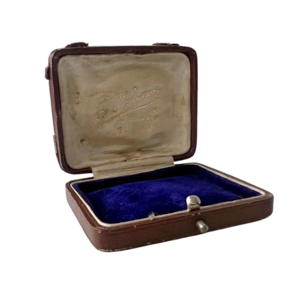 Antique Scottish Jewellery Box Glasgow Leather Jeweller Presentation Case Blue Velvet Interior