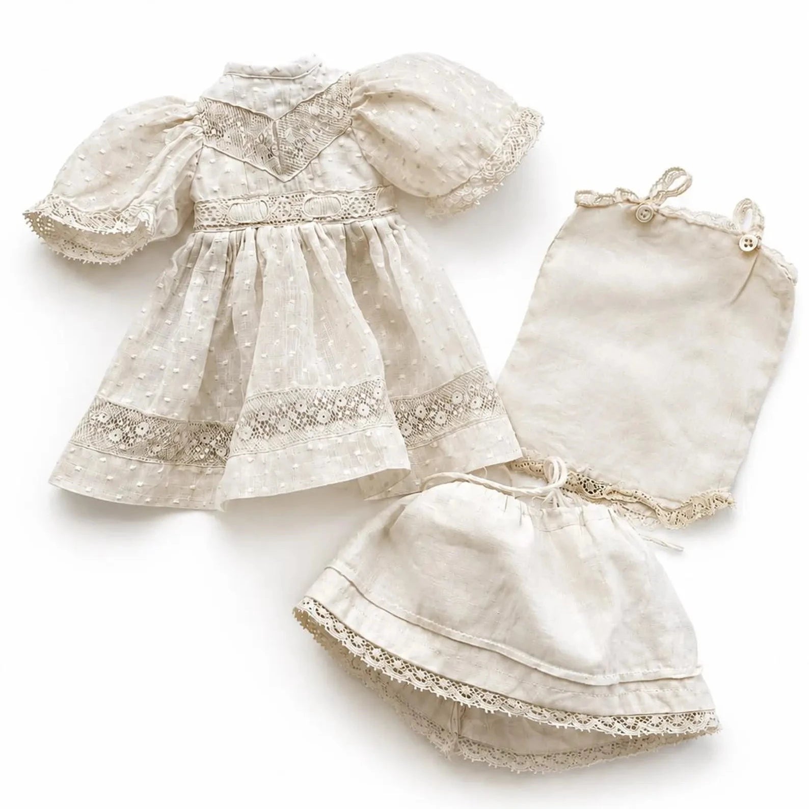 Antique Doll Dress With Underwear, Cream Lace Cotton Outfit For 26 cm Doll