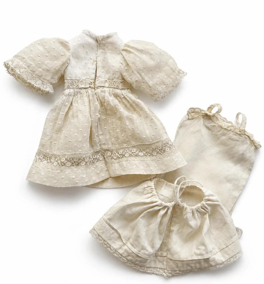 Antique Doll Dress With Underwear, Cream Lace Cotton Outfit For 26 cm Doll