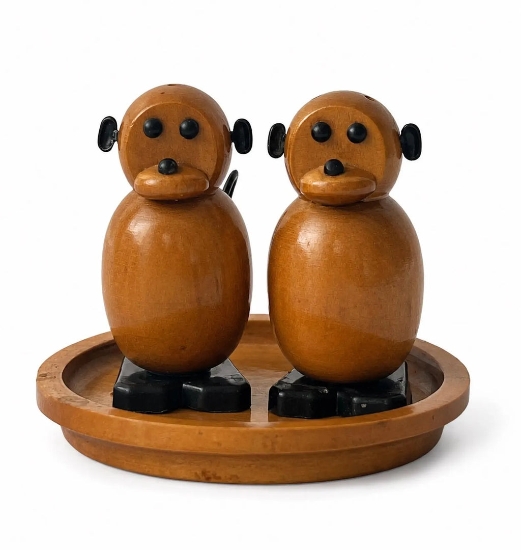 Vintage USSR Wooden Monkey Salt and Pepper Shakers on Tray
