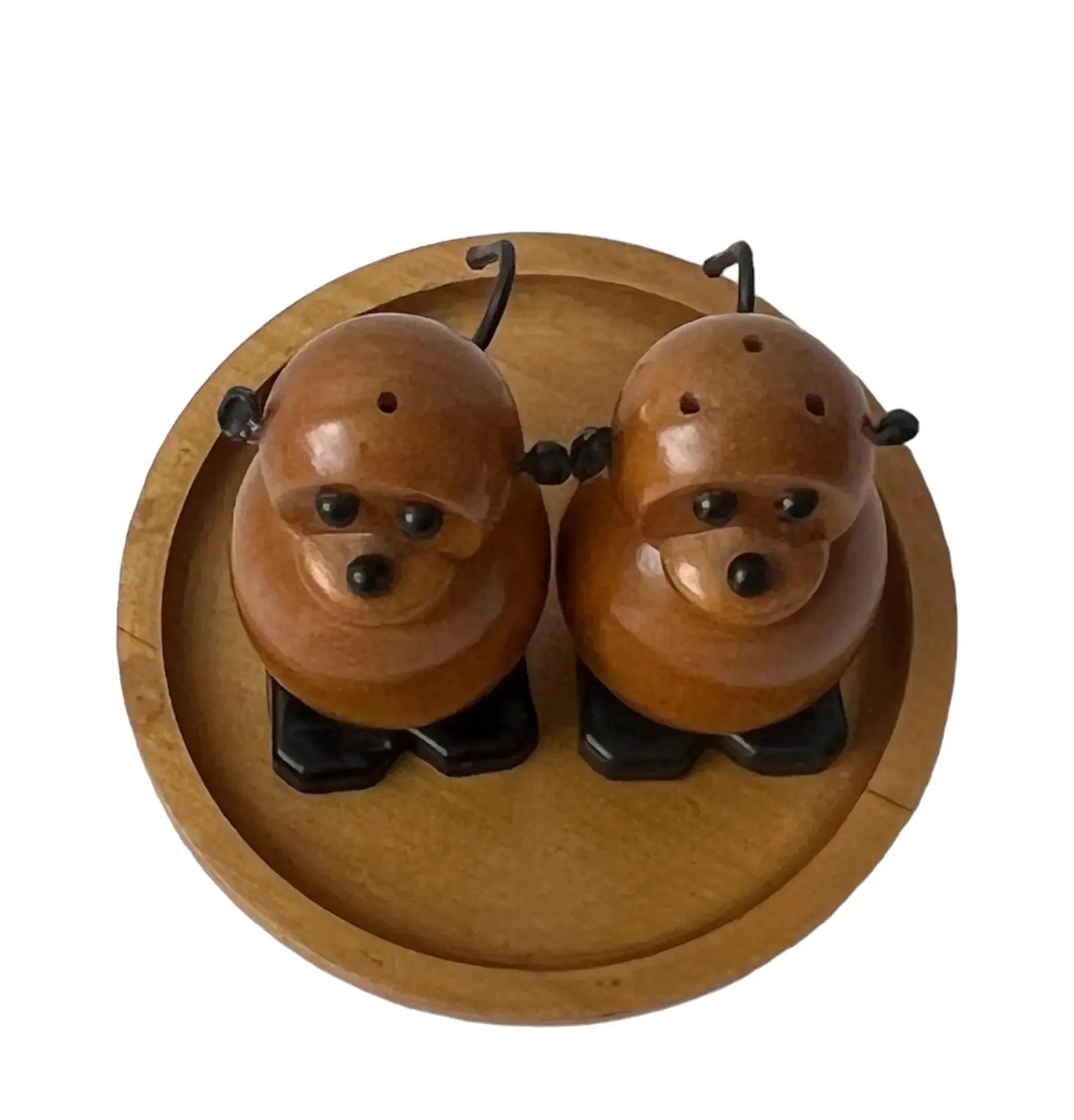 Vintage USSR Wooden Monkey Salt and Pepper Shakers on Tray