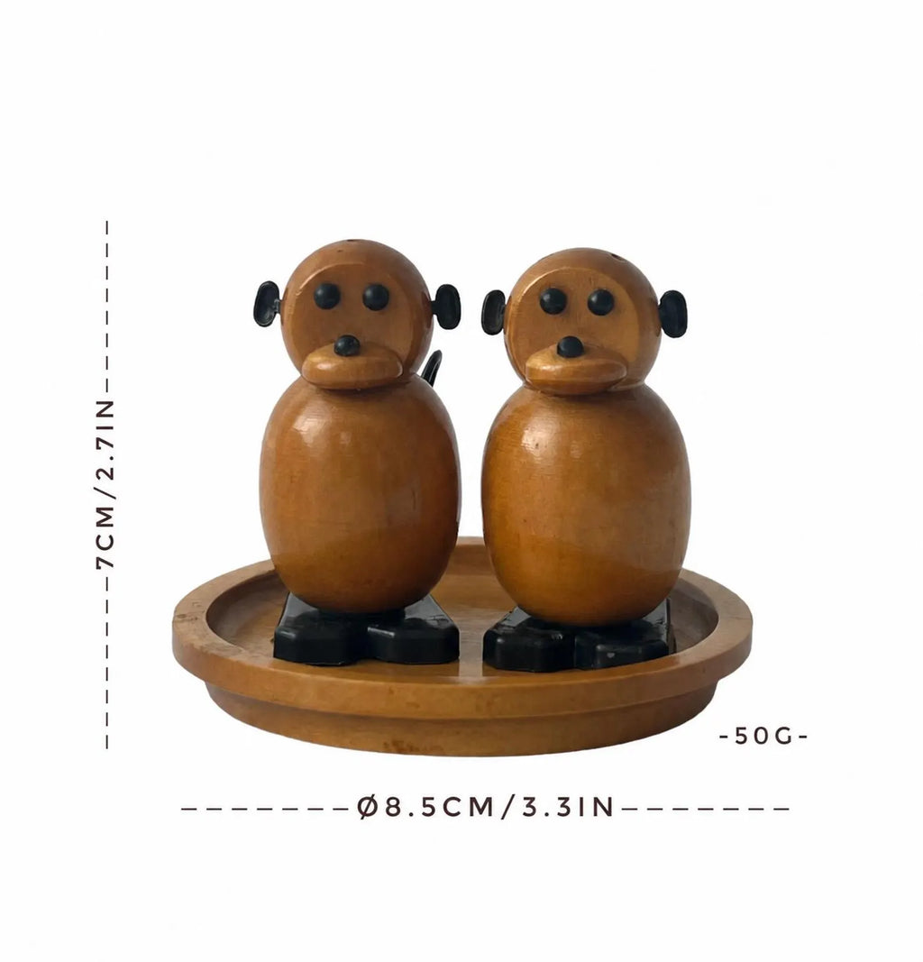 Vintage USSR Wooden Monkey Salt and Pepper Shakers on Tray