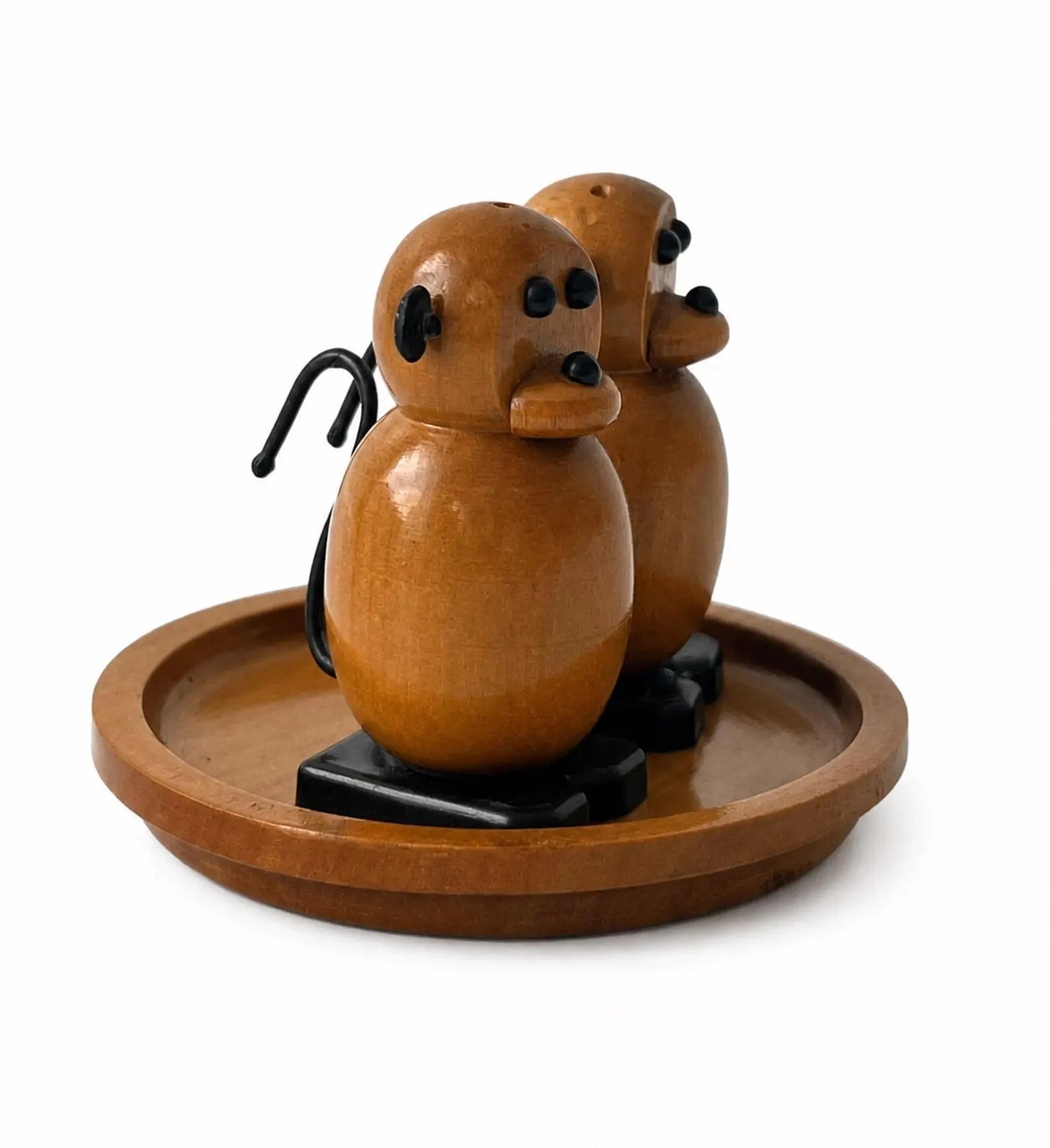 Vintage USSR Wooden Monkey Salt and Pepper Shakers on Tray