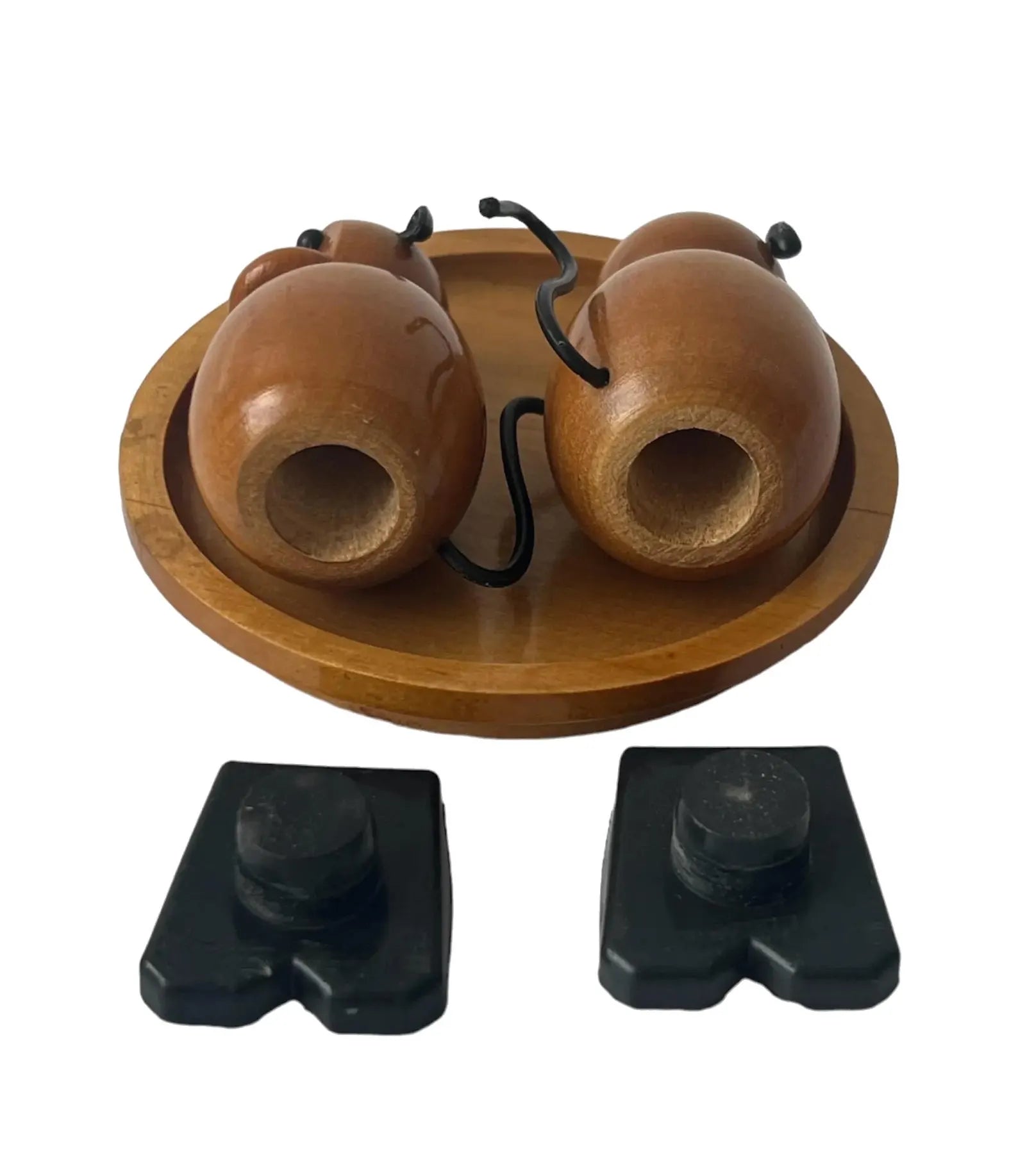 Vintage USSR Wooden Monkey Salt and Pepper Shakers on Tray