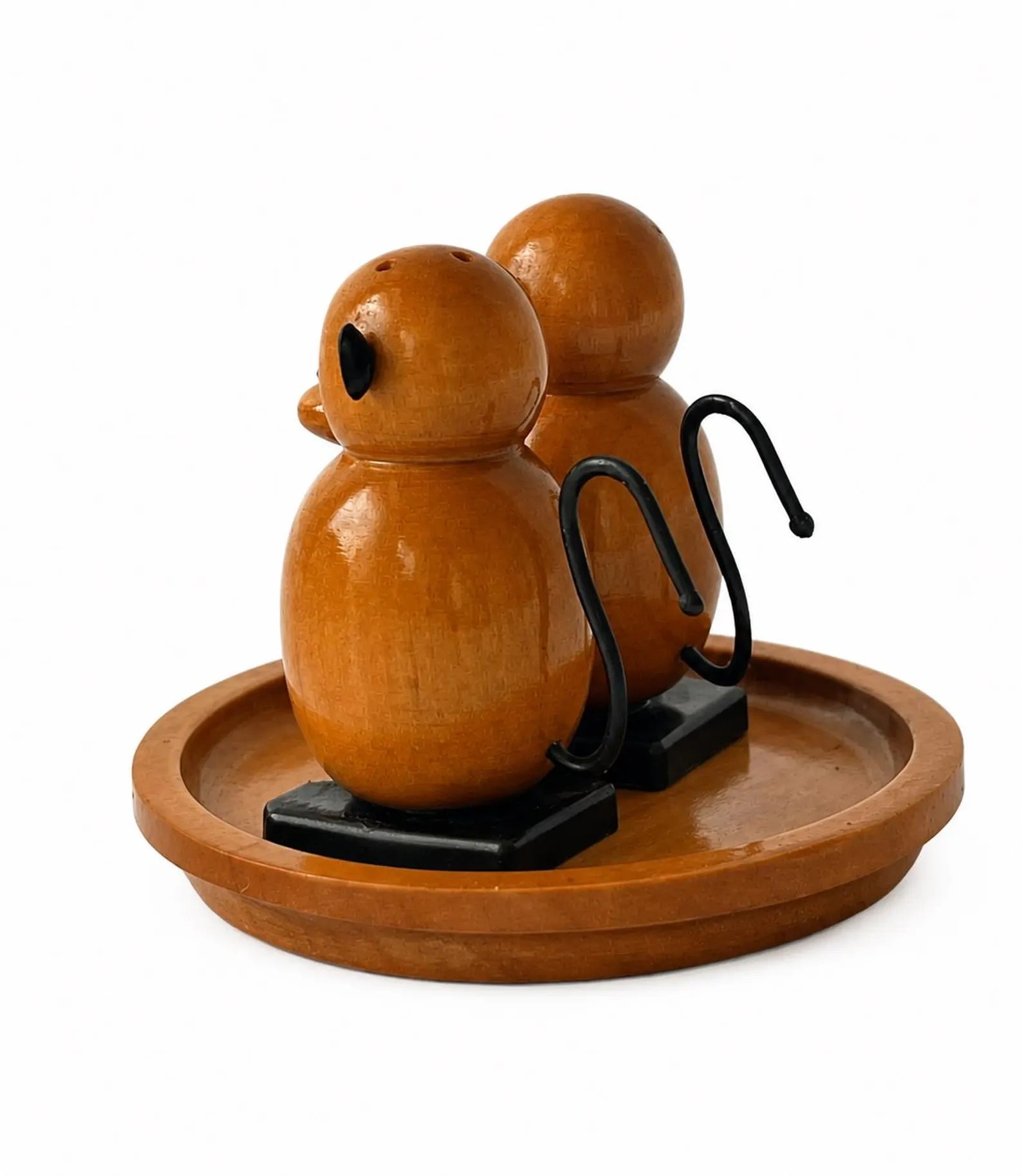 Vintage USSR Wooden Monkey Salt and Pepper Shakers on Tray