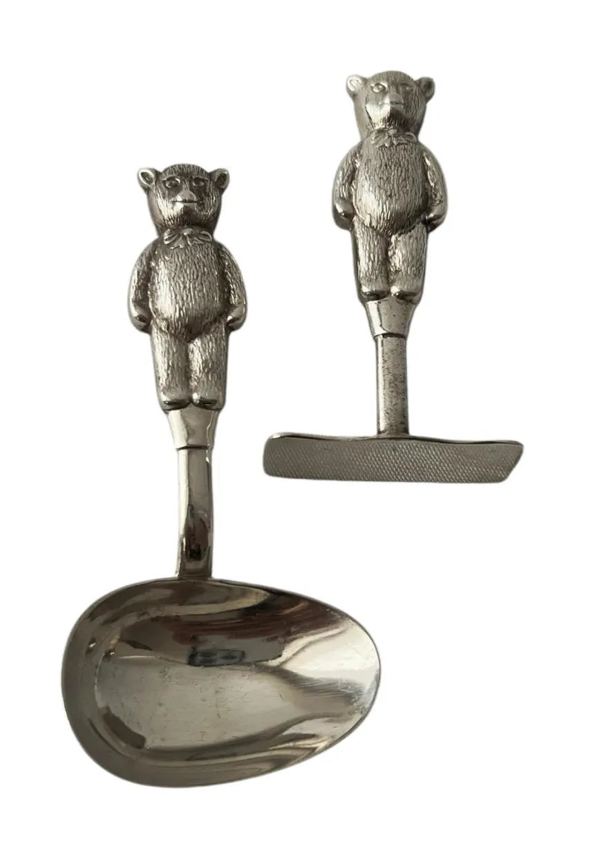 Vintage Silver Plated Teddy Bear Baby Spoon And Food Pusher Set In Original Box