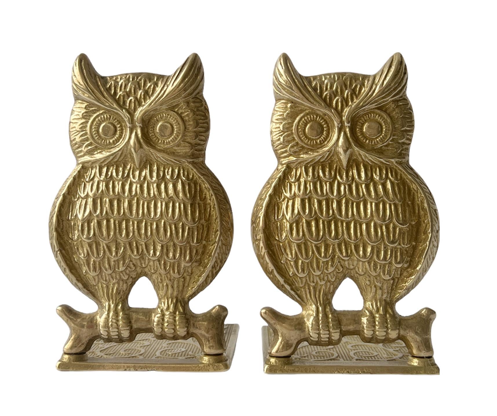 Vintage Solid Brass Owl Bookends, 1970s Library Shelf Decor