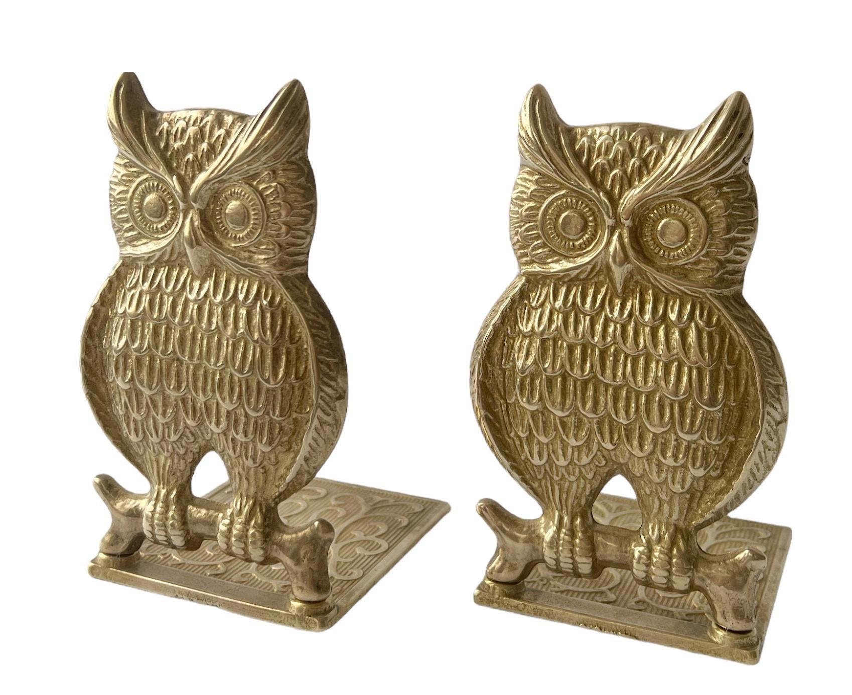 Vintage Solid Brass Owl Bookends, 1970s Library Shelf Decor