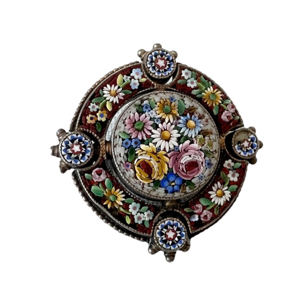 Antique Brooch Florentine Micro Mosaic  – Circa 1900, Intricate Handcrafted Floral Design, Italian Grand Tour Jewelry