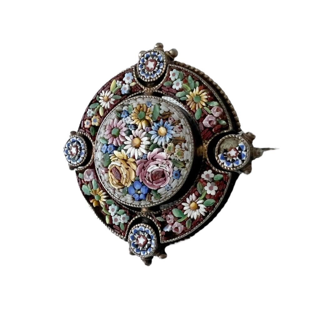 Antique Brooch Florentine Micro Mosaic  – Circa 1900, Intricate Handcrafted Floral Design, Italian Grand Tour Jewelry