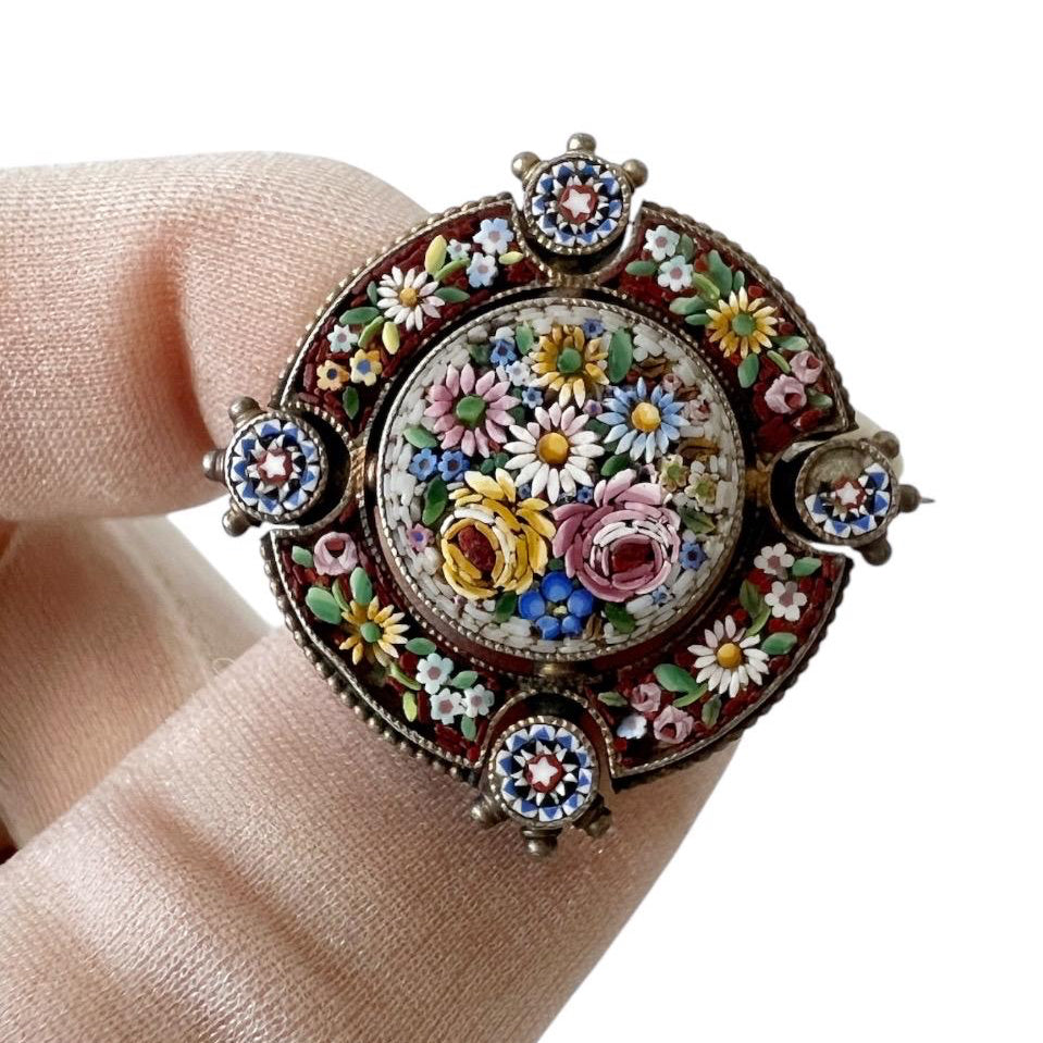 Antique Brooch Florentine Micro Mosaic  – Circa 1900, Intricate Handcrafted Floral Design, Italian Grand Tour Jewelry