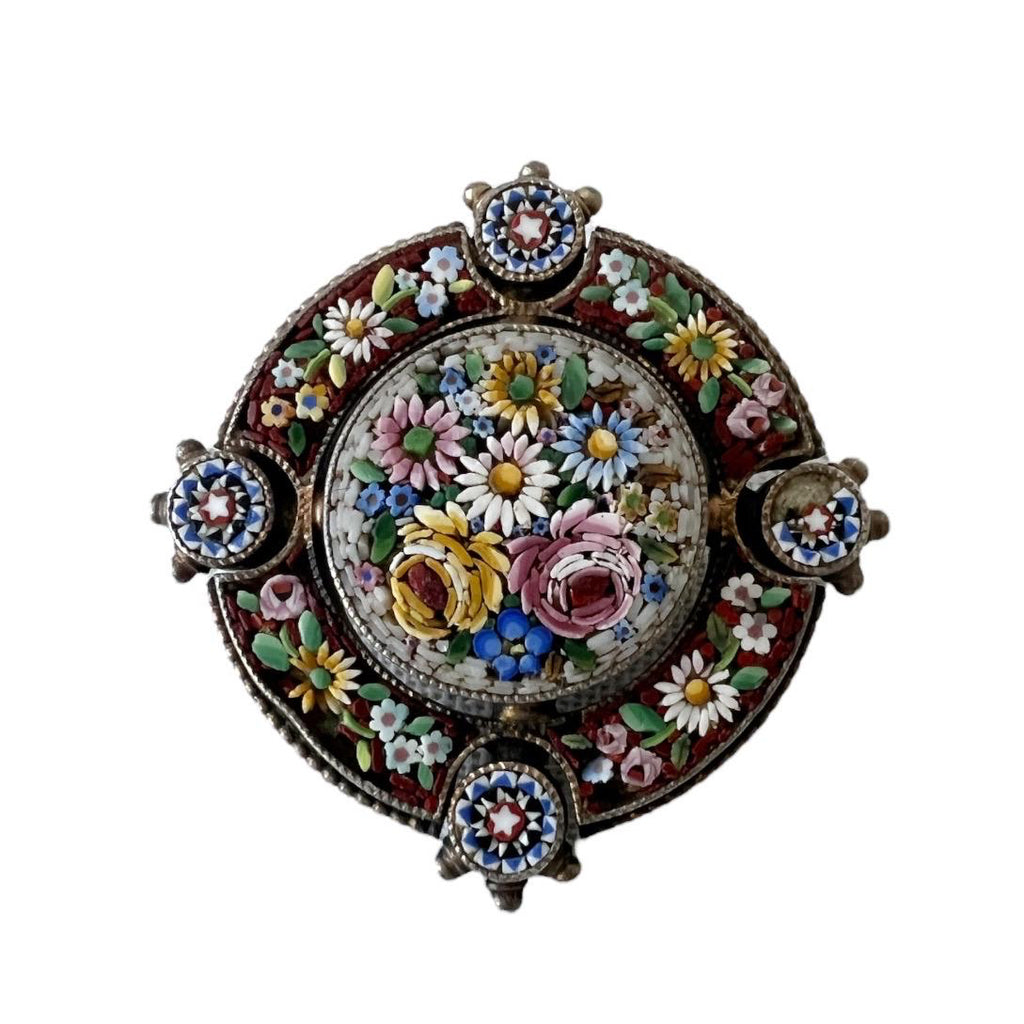 Antique Brooch Florentine Micro Mosaic  – Circa 1900, Intricate Handcrafted Floral Design, Italian Grand Tour Jewelry