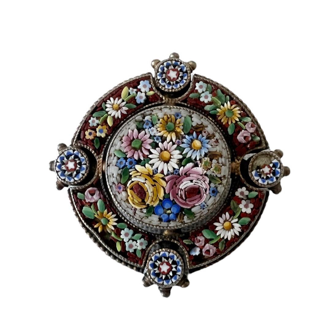 Antique Brooch Florentine Micro Mosaic  – Circa 1900, Intricate Handcrafted Floral Design, Italian Grand Tour Jewelry
