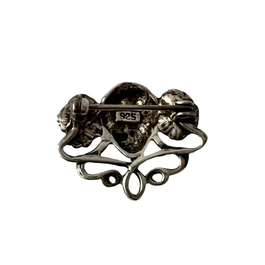Art Nouveau Style Sterling Silver Brooch with Woman’s Face Floral Motif