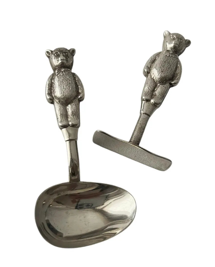 Vintage Silver Plated Teddy Bear Baby Spoon And Food Pusher Set In Original Box