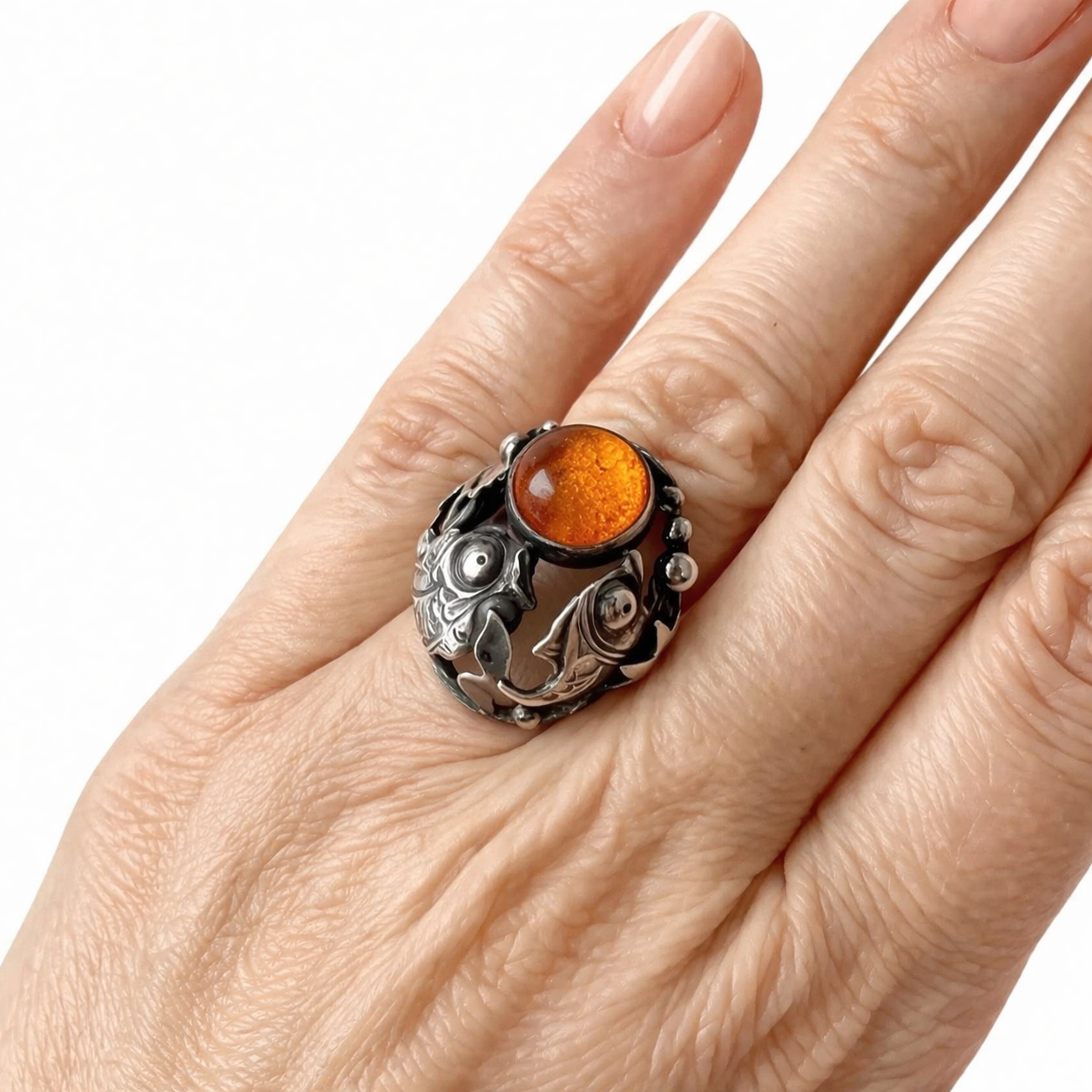 Niels Erik From Danish Sterling Silver Amber Ring Scandinavian Fish Design