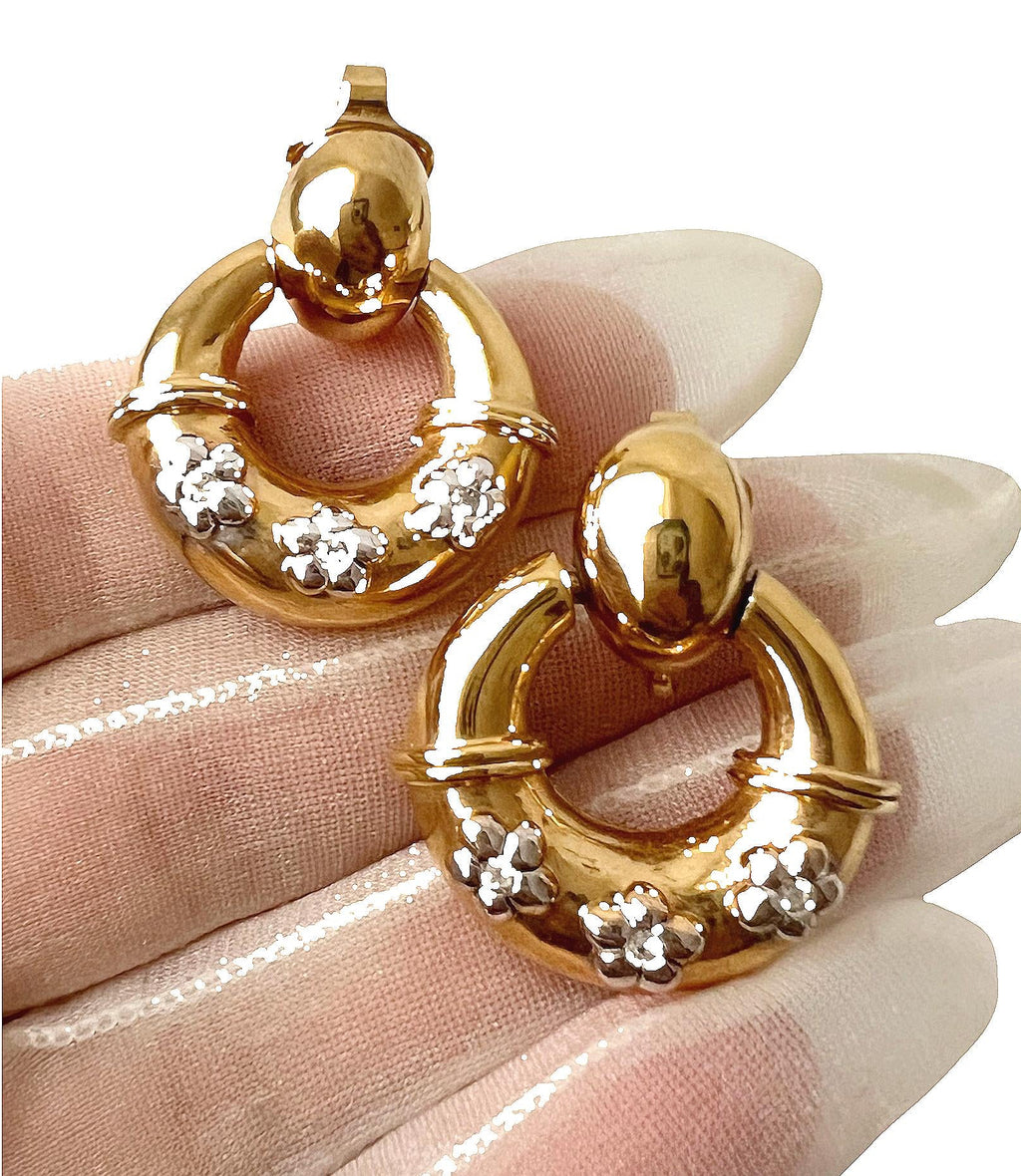 Vintage Nina Ricci Clip On Earrings Gold Tone Hoop Floral Rhinestone