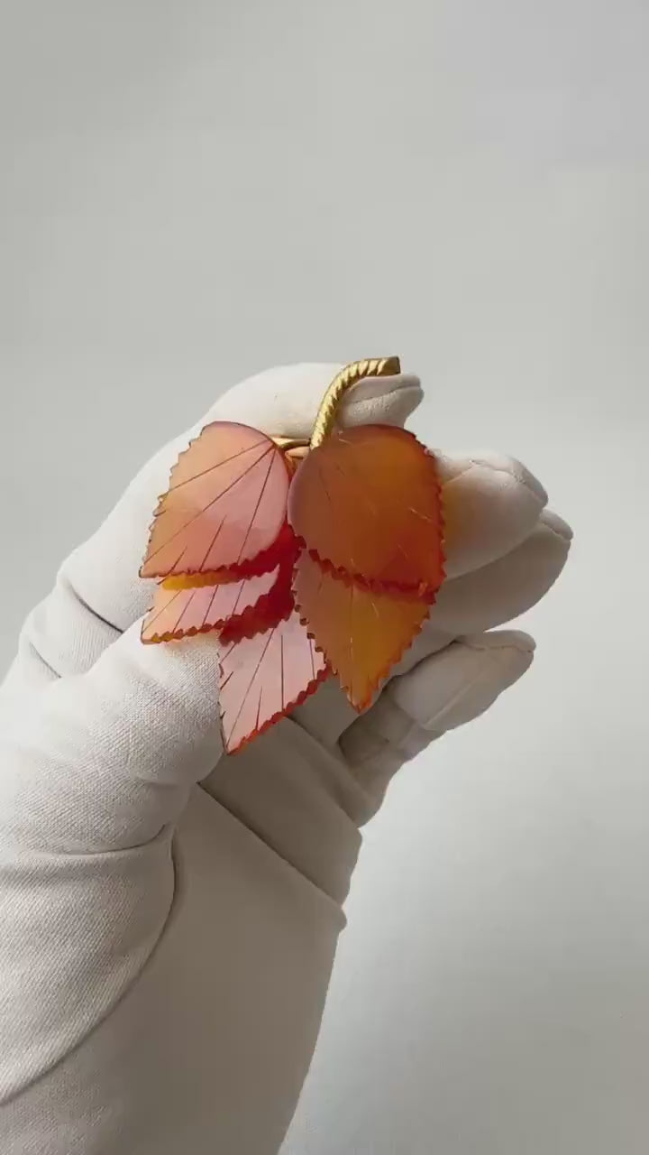 Vintage Baltic Amber Leaves Brooch - Gold Plated Brass Frame, USSR 1980s