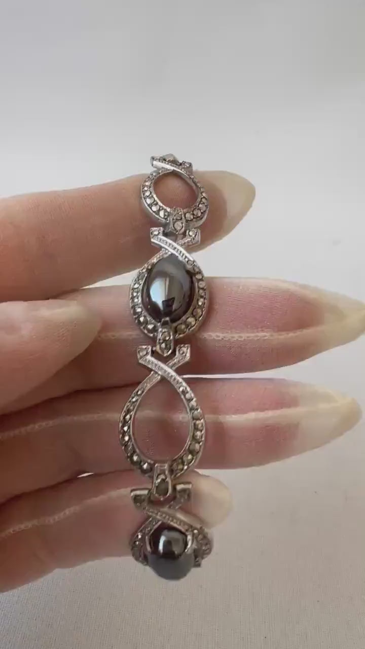 Antique Art Deco 800 Silver & Marcasite Bracelet with Hematite Cabochons