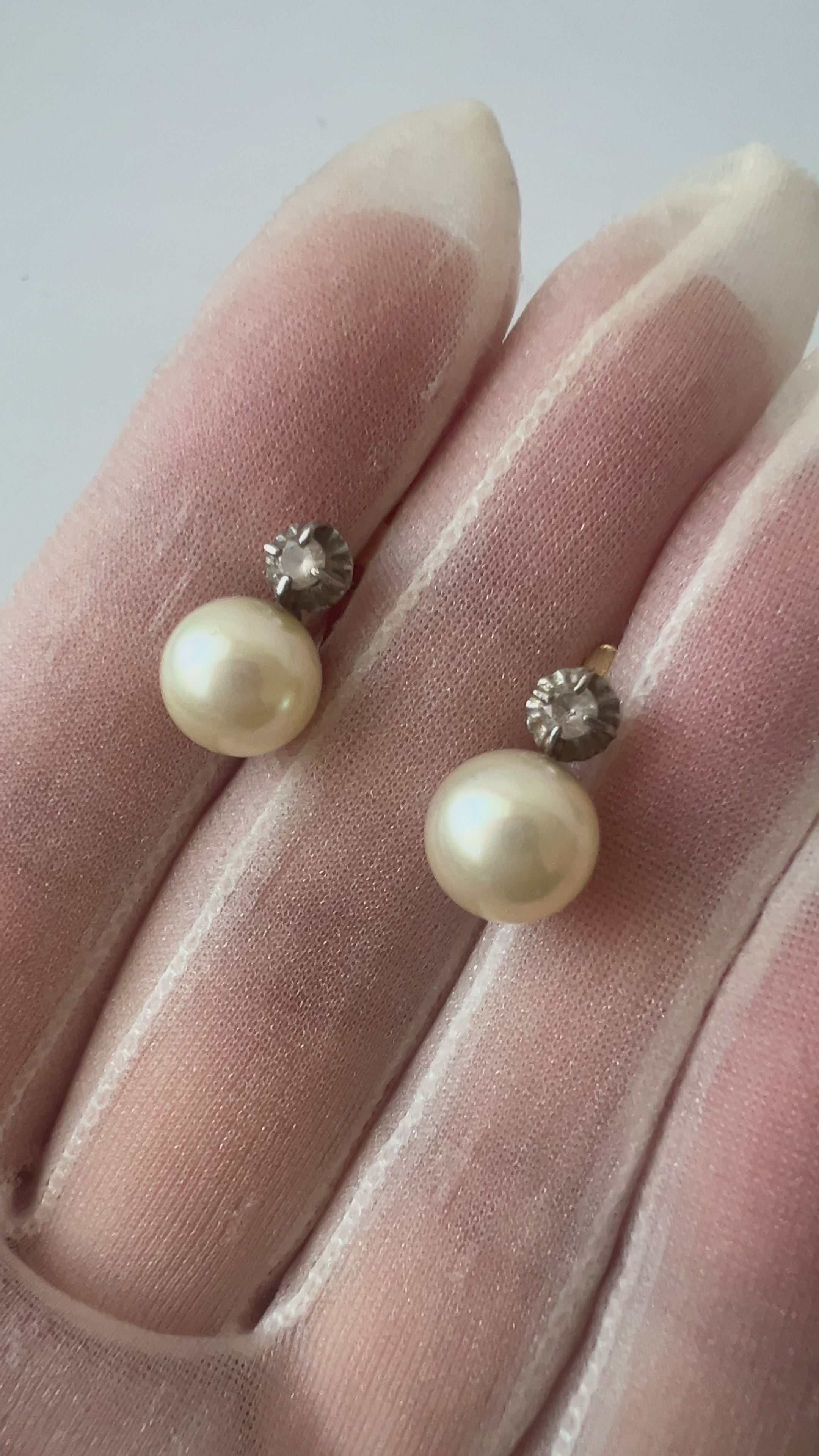 Vintage 18k Yellow Gold Faux Pearl & White Quartz Latch-Back Earrings.