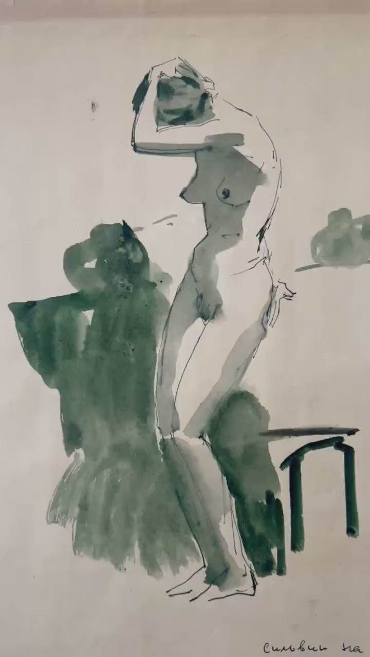 Original Soviet Nude Drawing, Ink & Watercolor, 1972 – Max Avadievich Birshtein