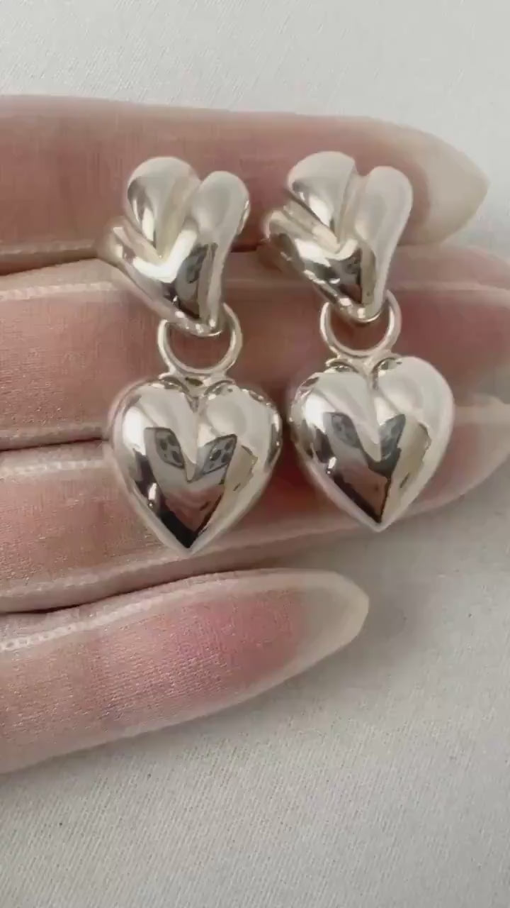 Large Italian Sterling Silver Heart Earrings – Solid 925 Puffy Hearts.